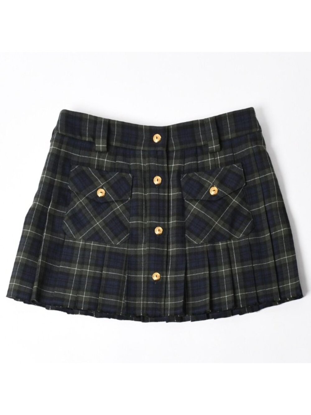 Miu Miu Pleated Tartan Mini Skirt Wool Check Green